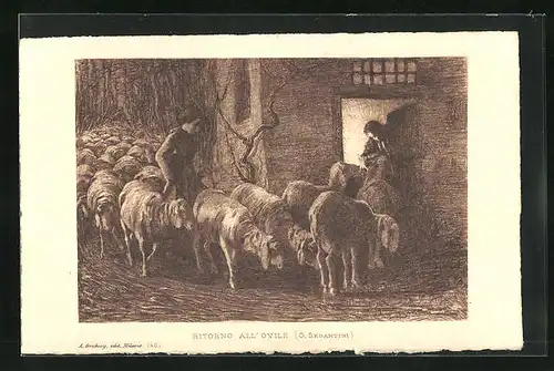 Künstler-AK Giovanni Segantini: Bäuerin treibt die Schafherde in den Stall