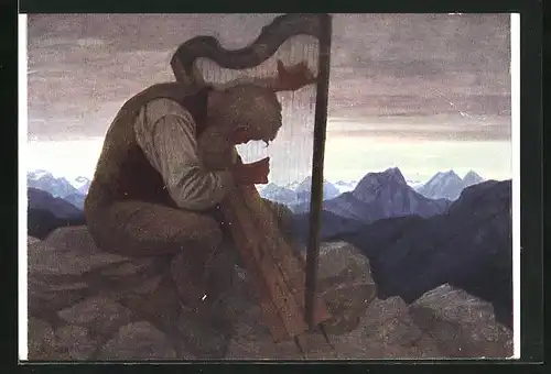 Künstler-AK Thomas Walch: Alpensymphonie, Süd-Tiroler an der Harfe