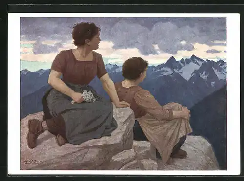 Künstler-AK Thomas Walch: Föhn, Mädchen schauen von einem Berggipfel auf die Alpen