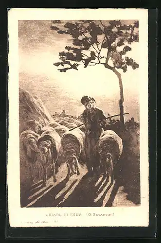 Künstler-AK Giovanni Segantini: Chiaro di Luna, Schafshirte mit Herde