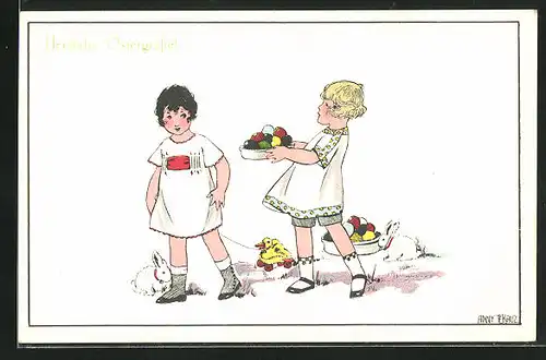 Künstler-AK Anny Tekauz: zwei Mädchen mit Ostereiern, Hasen und Ziehente, Ostergrusskarte