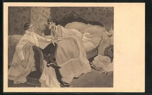 Künstler-AK Ferdinand von Reznicek: Frau in Unterwäsche liegt auf Bett, Herr sitzt davor auf Stuhl