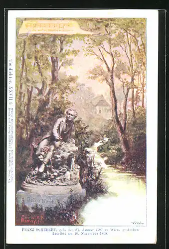 Künstler-AK Philipp + Kramer Nr. XXVII /3: Tondichter, Franz Schubert sitzt an einem Bächlein