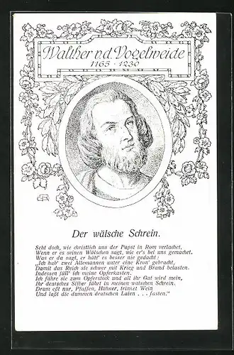 Künstler-AK Portrait des Minnesängers Walther v. d. Vogelweide, Der wälsche Schrein