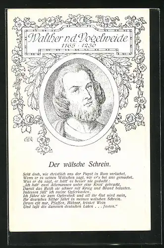 Künstler-AK Portrait des Minnesängers Walther v. d. Vogelweide, 1165-1230, Der wälsche Schrein