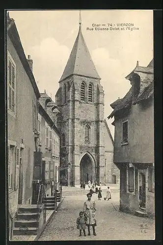 AK Vierzon, Rue Etienne Dolet et l`Eglise, Strassenpartie mit Blick zur Kirche