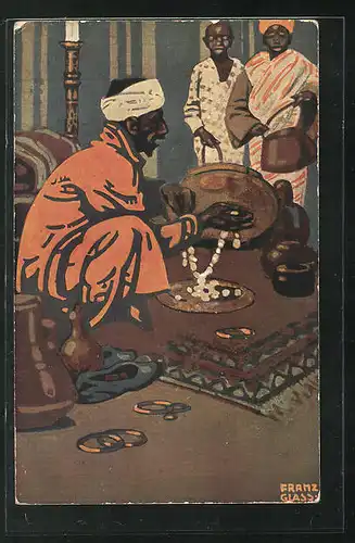 Künstler-AK sign. Franz Glass: München, Ausstellung 1910, Postkartenkonkurrenz, Arabischer Händler