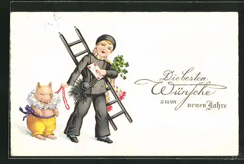AK Schornsteinfeger bringt Brief und hält ein Glücksschwein an der Leine, Beste Wünsche zum neuen Jahre