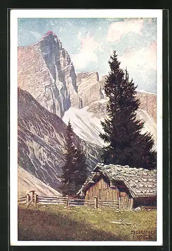 Künstler-AK Bruno Hess: Berghütte an der Dachsteinsüdwand