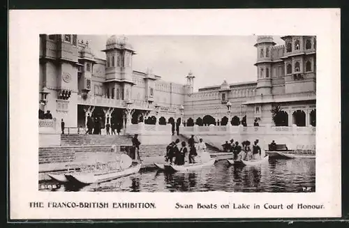 AK London, Franco-British Exhibition, Swan Boats on Lake in Court of Honour