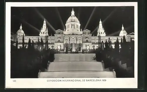 AK Barcelona, Exposicion Internacional 1929, Palais National nocturne