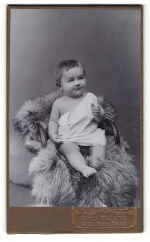 Fotografie Otto Martin, Dresden-Löbtau, Portrait niedliches Kleinkind im weissen Hemd auf Fell sitzend