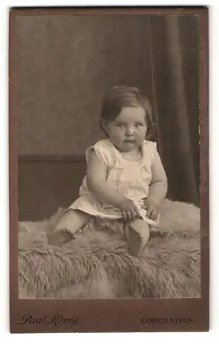 Fotografie Paul König, Lobenstein, Portrait niedliches Kleinkind im weissen Hemd auf Fell sitzend