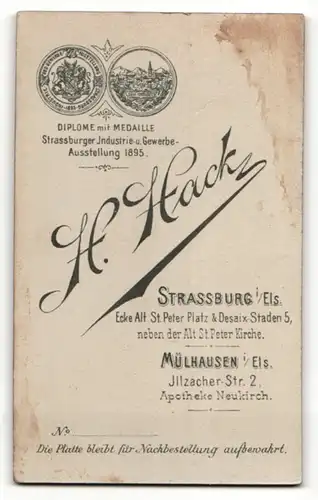 Fotografie H. Hack, Mülhausen & Strassburg i / Els., Portrait bürgerliche Dame mit zurückgeb. Haar im eleganten Kleid