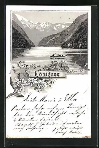 Vorläufer-Lithographie Königsee, 1894, Sicht über den Königsee vom Malerwinkel