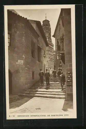 AK Barcelona, Exposicion Internacional 1929, Pueblo Espanol, Calle de Mercaderes y campanario de Utebo