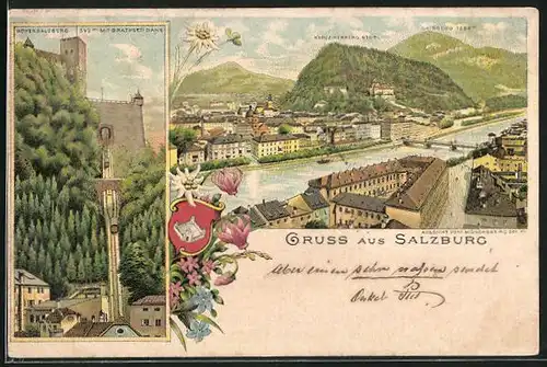 Vorläufer-Lithographie Salzburg, 1894, Hohensalzburg mit Drahtseilbahn, Ortsansicht