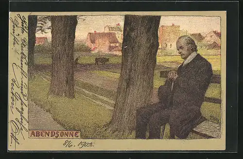 Künstler-Lithographie Paul Hey: alter Mann sitzt mit Stock und Hut in Hand auf Holzbank vor Feld, Abendsonne