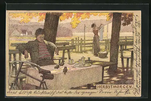 Künstler-Lithographie Paul Hey: junger Mann sitzt an gedecktem Tisch auf dem Spatzen sitzen, Herbstmorgen