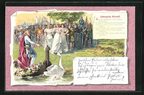 Lithographie Parsival, Lohengrin an Ufer bei Kahn mit Schwan vor Menschenmenge u. Ritter