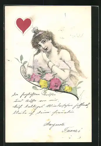 AK Kartenspiel, Karte Herz Königin mit Krone und Blumen
