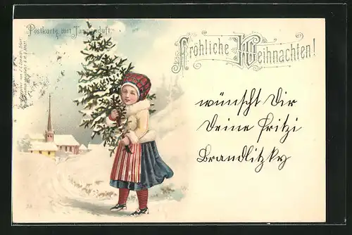 Duft-AK Kleines Mädchen mit Tannenbaum im Schnee mit Duft, Weihnachtsgruss