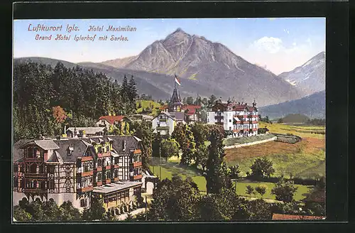 AK Igls, Grand Hotel Iglerhof mit Serles und Hotel Maximilian