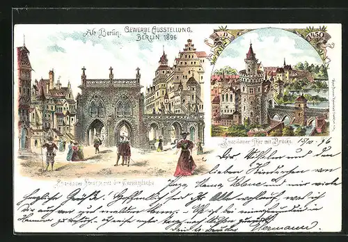 Lithographie Berlin, Gewerbe-Ausstellung 1896, Spandauer Thor mit Brücke, Spandauer Strasse mit der Gerichtslaube