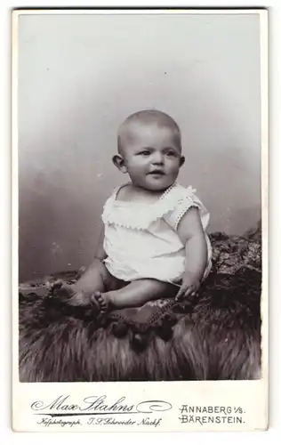 Fotografie Max Stahns, Annaberg i / S. & Bärenstein, Portrait niedliches Baby im weissen Hemd auf Fell sitzend