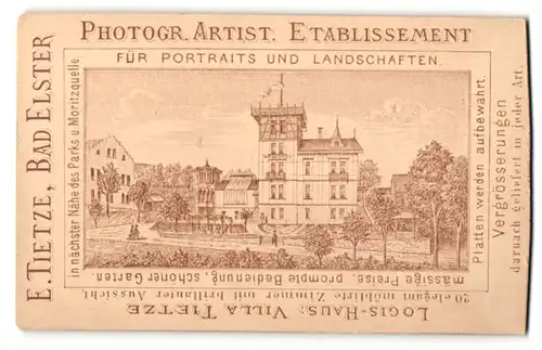 Fotografie E. Tietze, Bad Elster, rückseitige Ansicht Bad Elster, Villa Tietze, rückseitig Portrait Kleinkind