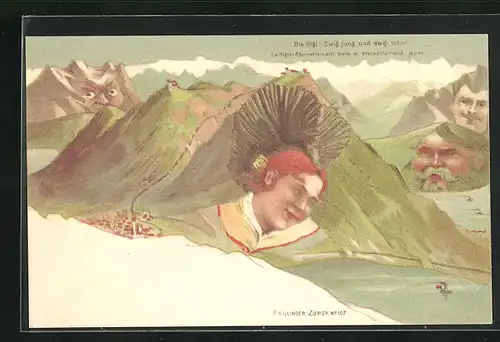 Lithographie Killinger Nr. 107, Der Rigi, Ewig jung und schön, Berg mit Gesicht / Berggesichter