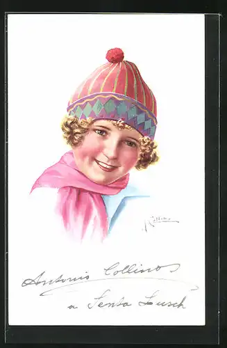 Künstler-AK sign. Antonio Collino: Blondgelocktes Mädchen mit Pudelmütze, mit Autograph