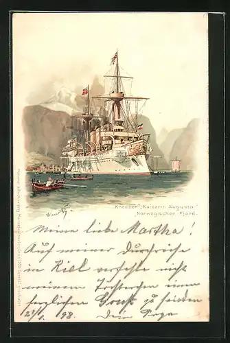 Künstler-Lithographie Hans Bohrdt: Kreuzer Kaiserin Augusta im Norwegischen Fjord