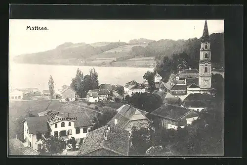 AK Mattsee, Ortspartie mit Kirche aus der Vogelschau