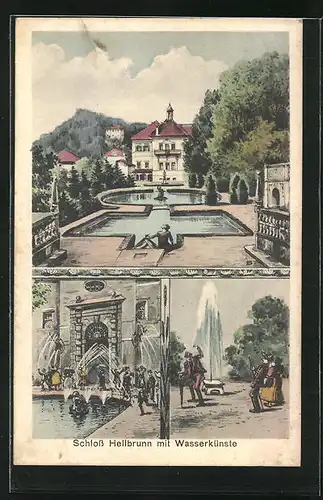 Künstler-AK Hellbrunn, Schloss Hellbrunn mit Wasserkünsten