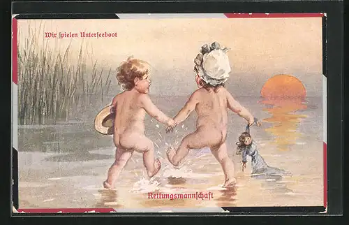 Künstler-AK Wally Fialkowska: nacktes Mädchen u. Junge Händchen haltend planschen an Ufer, Reichsfahne