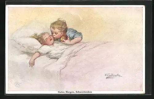 Künstler-AK Wally Fialkowska: Junge küsst schlafendes Mädchen auf Wange, Gute Morgen Schwesterchen