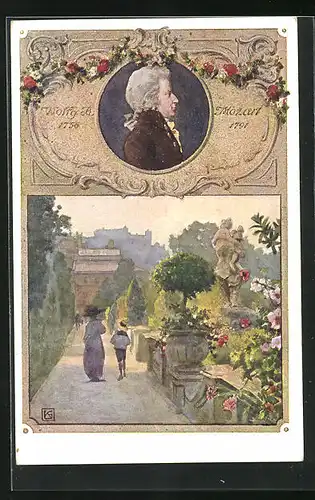 Künstler-AK Karl Friedrich Gsur: Bildnis von Wolfgang A. Mozart, Gartenpromenade mit Flaneuren