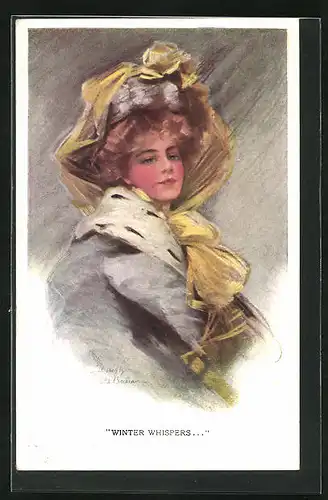 Künstler-AK Philip Boileau: Winter Whispers, elegante Dame mit Pelz und Hut mit gelben Schal