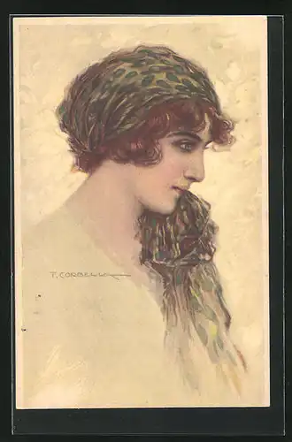 Künstler-AK Tito Corbella: Dame mit rotem Haar und grünem Kopftuch im Profil