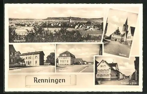 AK Renningen, Gasthaus zum Hirsch, Bahnhof, Postamt, Rathaus