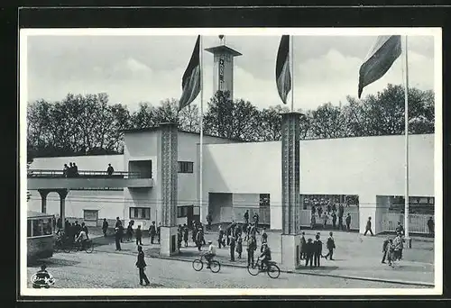 AK Dresden, Intern. Hygiene-Ausstellung 1931, Haupteingang, Bauhaus, Architektur