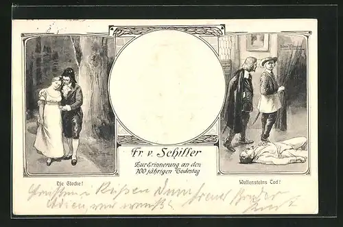 AK Dichter Friedrich Schiller, Portrait auf Medaille, Szene aus Die Glocke und Wallenstein, Erinnerung 100. Todestag 190