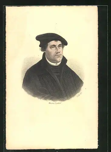 AK Martin Luther, Portrait mit Mütze, Stich