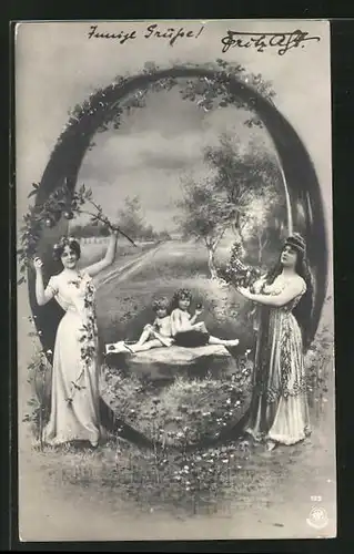 AK Zwei junge Damen mit Früchten und zwei Kindern unter dem Buchstaben O sitzend