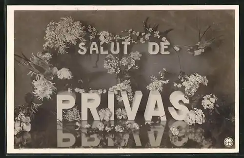 AK Privas, Ortsname mit Blumen verziert