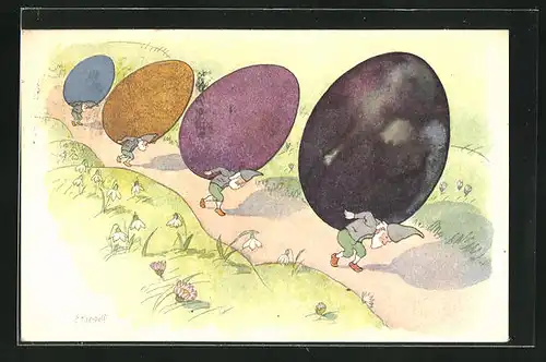 Künstler-AK Ernst Kreidolf: Vier Zwerge tragen die riesigen bunten Eier