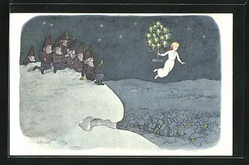 Künstler-AK Ernst Kreidolf: Zwerge im Schnee beobachten den fliegenden Weihnachtsengel