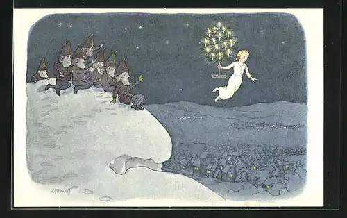 Künstler-AK Ernst Kreidolf: Weihnacht, Im Schnee sitzende Zwerge winken dem Weihnachtsengel