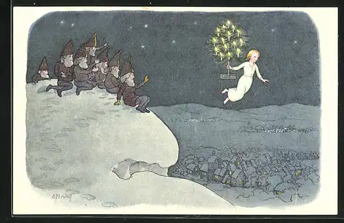 Künstler-AK Ernst Kreidolf: Weihnacht, Zwerge im Schnee winken dem Weihnachtsengel zu